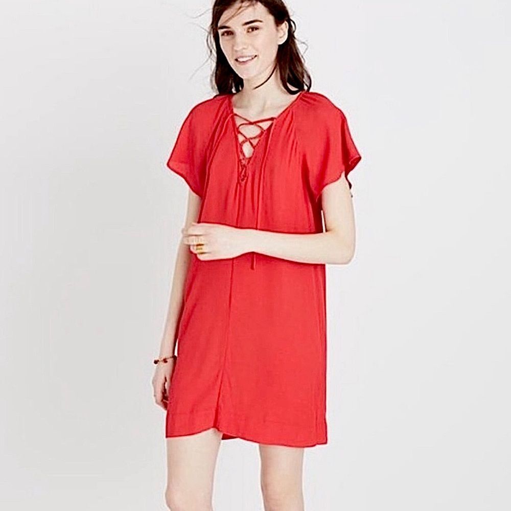 MADEWELL Dress Lace Up Front Flutter Sleeve Red Shift Size Medium